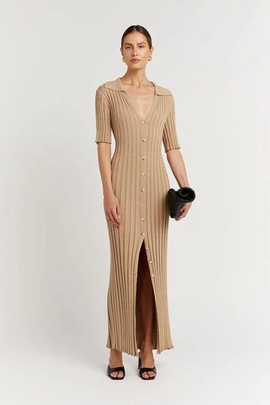 RHODE Wheat Knit Midi Dress - S